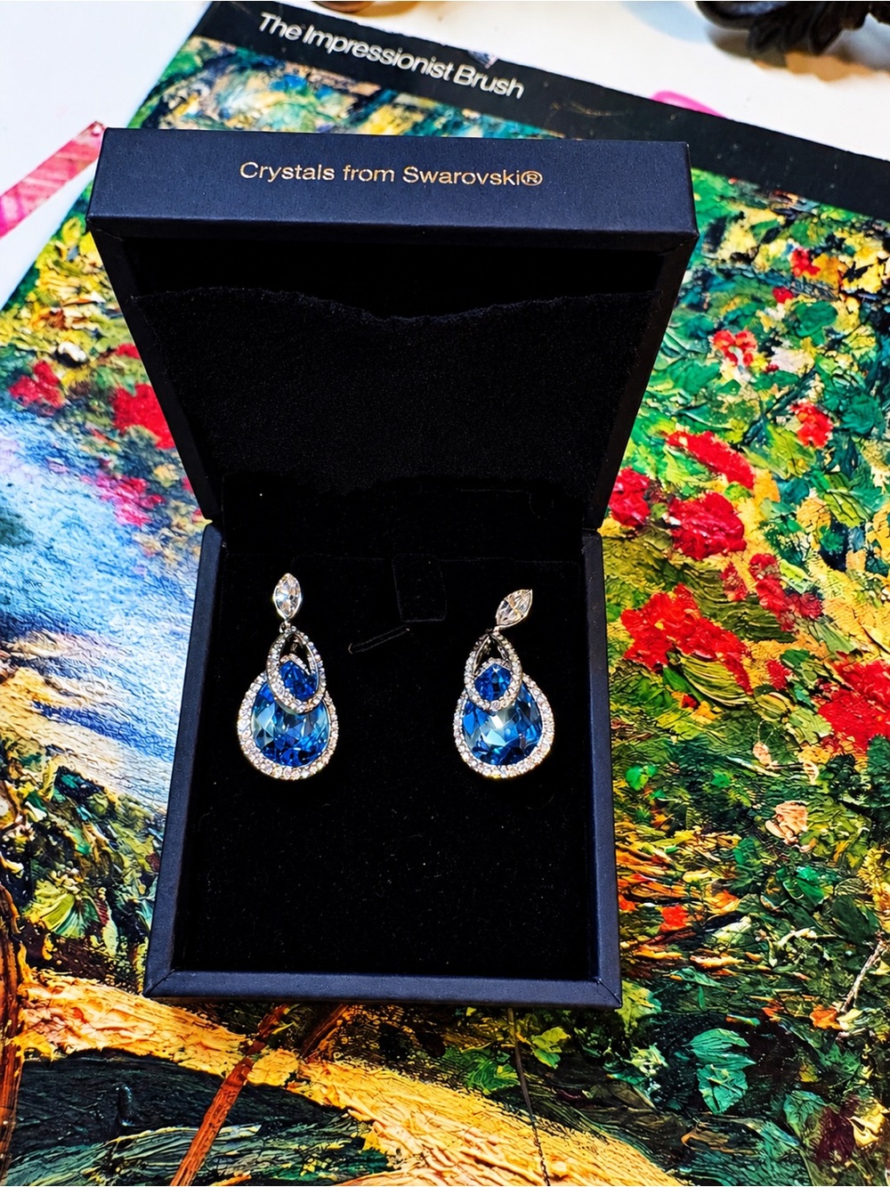 Swarovski Blue Teardrop Crystal Dangle Earrings with Clear Pavé